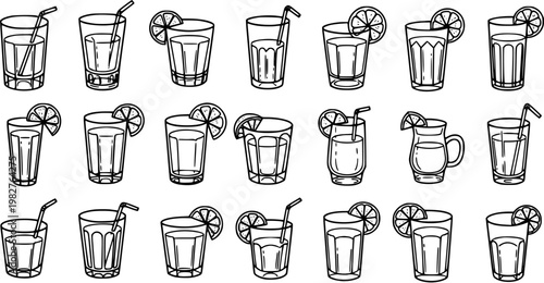 Black and White Line Art Drinks Vector Set. Hand-drawn Outline Refreshing Beverages in Glasses with Straws and Lemon Slices for Food  Drink Industry.