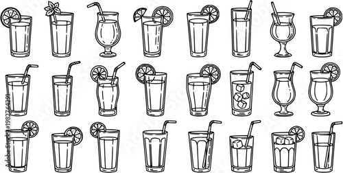 Black and White Line Art Vector Icons of Refreshing Summer Drinks and Cocktails. Hand-Drawn Beverage Collection with Juices, Glasses, Straws, Ice, and Lemon Slices for Food  Drink.