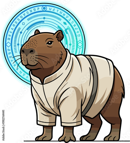 Pixel art capybara wearing a shirt and suspenders, with a glowing blue magical circle behind it, cute rodent character