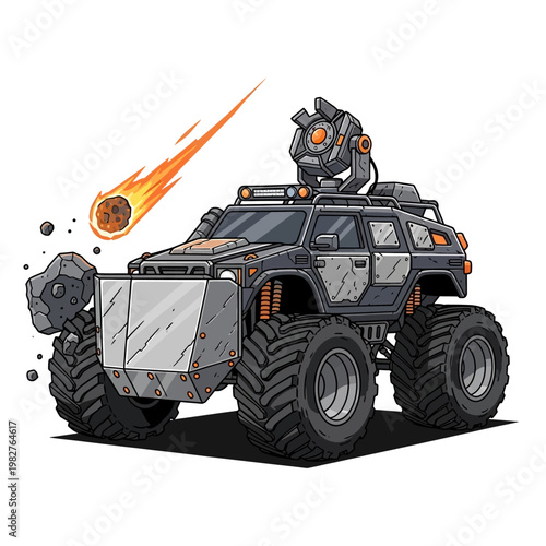 Robot on a futuristic off road vehicle.