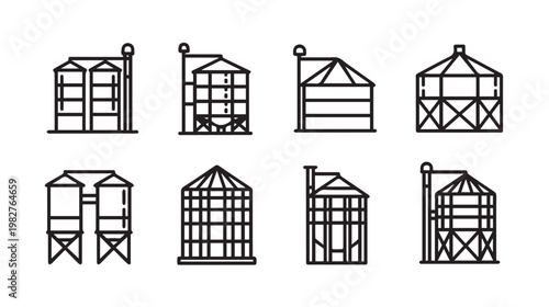 Set of silo icons flat design agriculture storage farm grain industry vector illustration