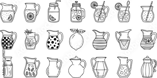 Food and Drink Black and White Line Art Set: Hand-drawn Pitchers, Jars, and Lemonade. Outline Doodle Collection of Refreshing Summer Drinks and Juices.