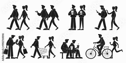 Diverse group of people walking talking and engaging in daily activities