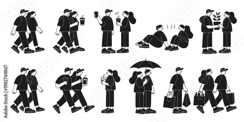 Diverse group of people interacting in various everyday scenarios black and white