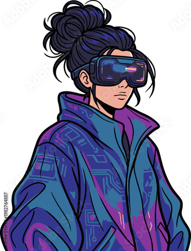 Retro pixel art portrait of a woman wearing virtual reality goggles and a cyberpunk jacket, futuristic fashion, digital art