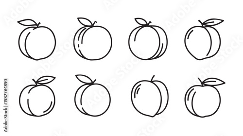 Set of Simple Line Art Peaches with Stems and Leaves Isolated on White Background