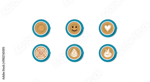 Set of latte art coffee. Top view coffee cups with various latte art designs including heart, smile, swan, rosetta, and abstract patterns. Concept of drink, coffee shop, menu, work, barista.