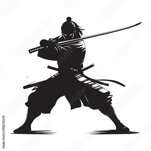 Powerful black silhouette of a traditional Japanese samurai warrior in a combat stance with katana