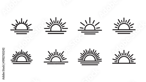 Set of sunrise icons with rays and horizon lines minimalist line art graphic design elements
