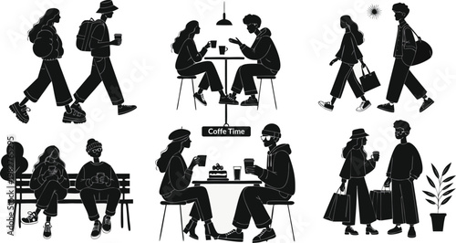 Abstract illustration depicting people socializing in various everyday scenarios high quality