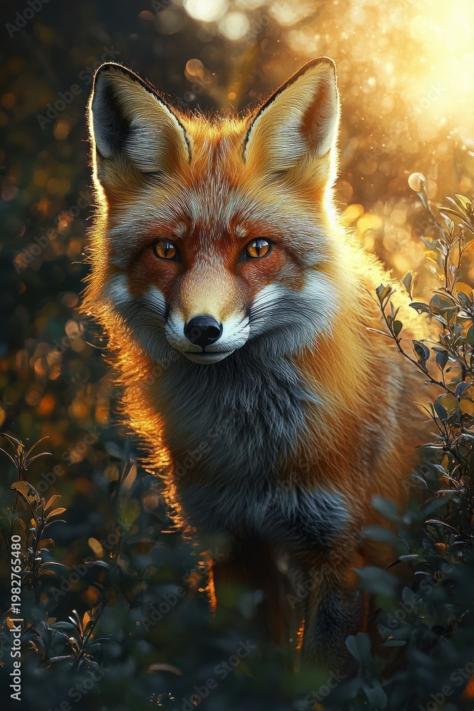 Fototapeta premium Curious red fox portrait in golden forest light with warm backlit fur and bright amber eyes, serene attentive expression among leafy undergrowth and soft bokeh glow