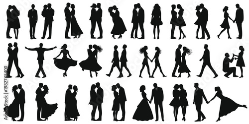 Silhouettes of couples dancing embracing and interacting in various poses