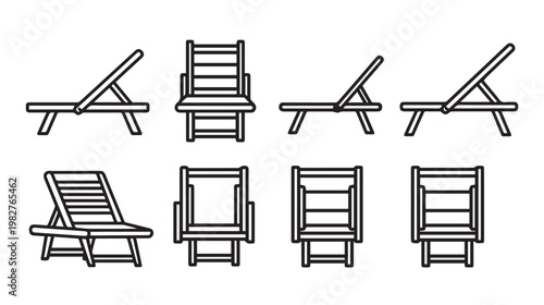 Set of Various Outdoor Chairs and Loungers Line Art Icons Isolated on White
