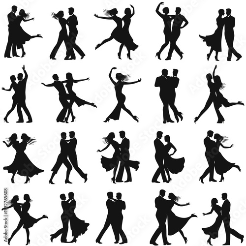 Silhouettes of couples dancing showcasing various ballroom and dance poses