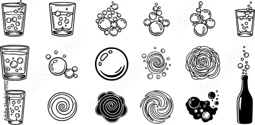 Black and white line art icons of bubbles, glasses of fizzy drink, whirlpools, rose, and bottle