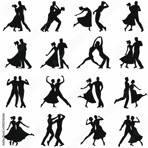 Silhouettes of couples dancing various ballroom and latin dance styles