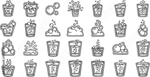 Black  White Line Art Food  Beverage and Cleaning Icons: Bubbles, Water, Soda, Foam, Splash in Glasses  Outline Vector Set for Drinks and Hydration