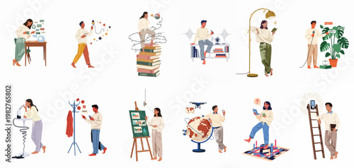 Diverse Characters Using Advanced Technology, AI, and Digital Tools for Learning, Communication, and Creative Work in a Modern Flat Illustration Style.