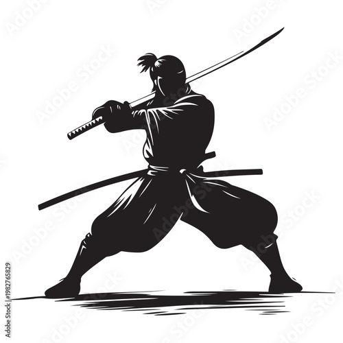 Powerful black silhouette of a traditional Japanese samurai warrior in a combat stance with katana
