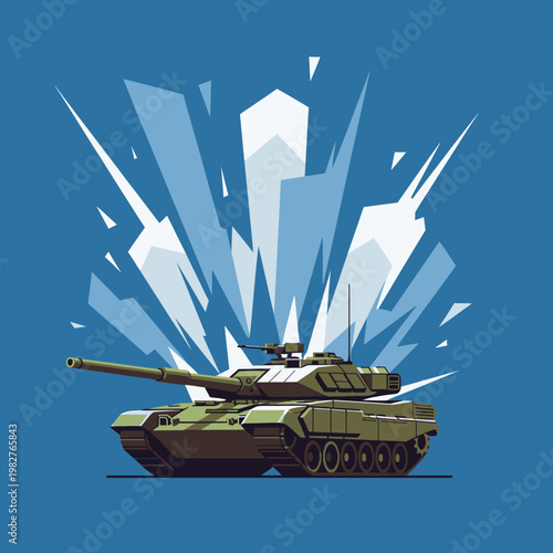 Modern Military Tank and Explosive Blast - War and Combat Concept