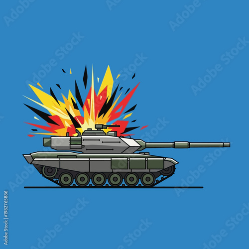 Modern military tank exploding with colorful shrapnel against blue background