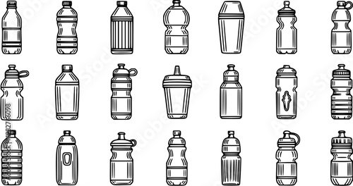 Black and White Line Art Collection of Various Plastic Water Bottles and Sports Drinks Containers