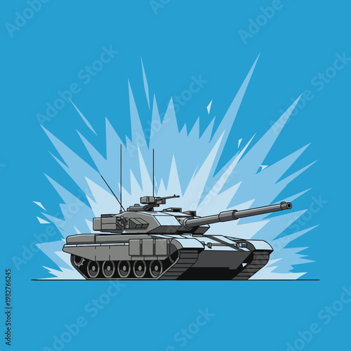 Modern Battle Tank Explosion Blue Background Military Vehicle Combat Power