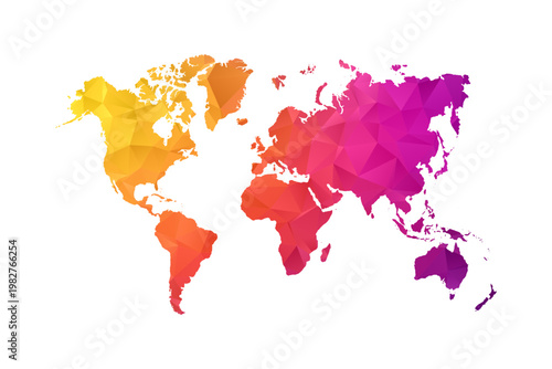 World Map - Polygon Style Vector Illustration in Orange and Pink Gradient, Low Poly Geometric Design, Isolated on White Background for Infographics and Education.