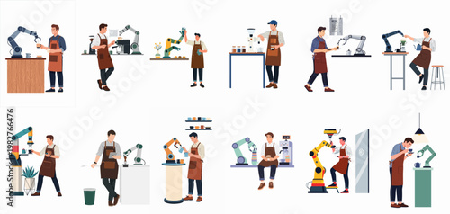 Flat vector illustrations of professional baristas collaborating with robotic arms in modern coffee shops to prepare and serve beverages.