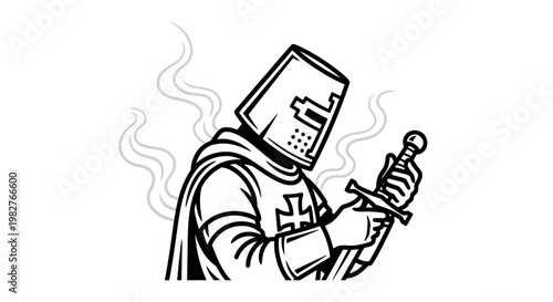 Medieval Knight in Armor with Sword and Smoke - Black and White Vector Art