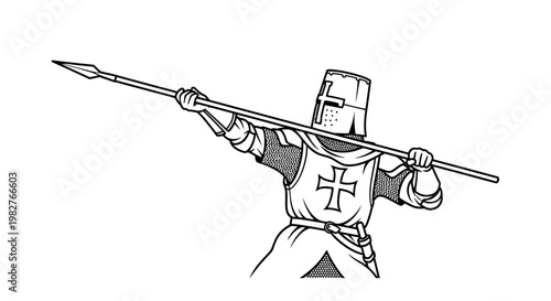 Medieval Knight Templar Warrior with Spear, Historical Battle Armor, Crusader Soldier