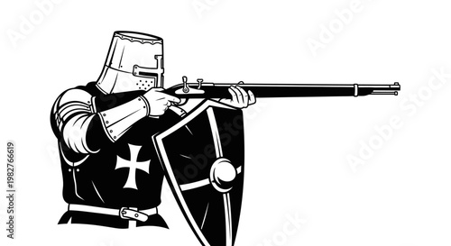 Medieval Knight with Rifle and Shield, Historical Warfare Illustration
