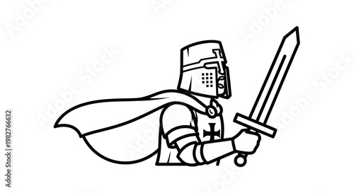 Medieval Knight Warrior with Sword and Cape - Line Art Illustration