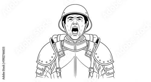 Medieval Knight Warrior Yelling in Armor, Close-up Portrait, Dramatic Expression