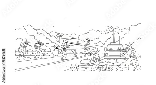 Military Ambush Scene: Soldiers in Combat, Vehicle, and Mountainous Terrain