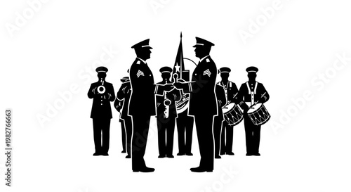 Military Band Parade Formation with Officers and Musicians in Uniforms