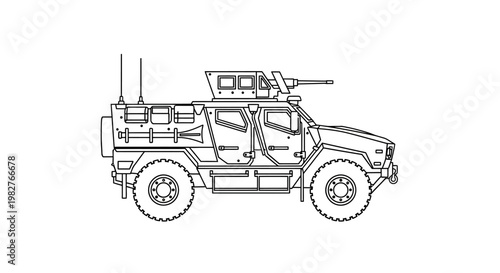 Military Armored Vehicle Line Drawing - Tactical Transport