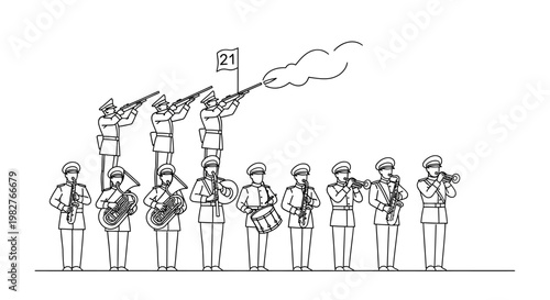 Military band marching with instruments and firing a cannon, celebratory parade