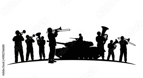 Military Band Playing Music Next to Tank Silhouette