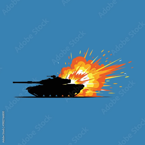 Silhouette of a battle tank exploding with bright fiery blast on blue background
