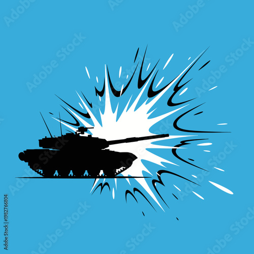 Silhouette of a battle tank exploding on a bright blue background