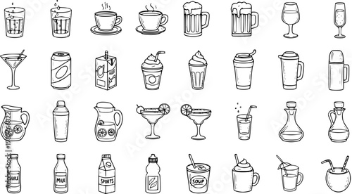 Black and White Line Art Icons of Various Drinks and Beverages, Food Service Symbols