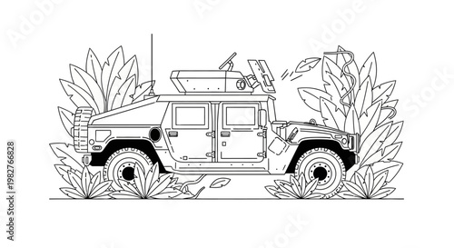Military Humvee in Jungle Camouflage, Surrounded by Lush Tropical Foliage, Line Art Illustration