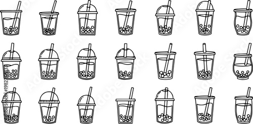 Black and White Line Art Bubble Tea Cups Vector Icon Set. Hand-drawn Doodle Outline Collection of Boba Drinks for Food and Beverage Industry.