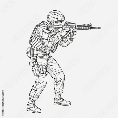 Soldier Aiming Rifle, Military Combat, Tactical Gear, Line Art Illustration