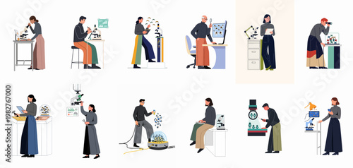 Collection of scientists and entomologists conducting laboratory research on insects using microscopes, computers, and specialized equipment in a flat vector illustration style.