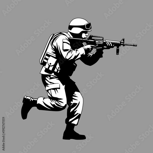 Modern soldier in tactical gear running with rifle, silhouette, action pose