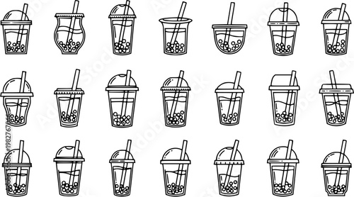 Black and White Line Art Icons of Bubble Tea Drinks in Various Cups and Styles