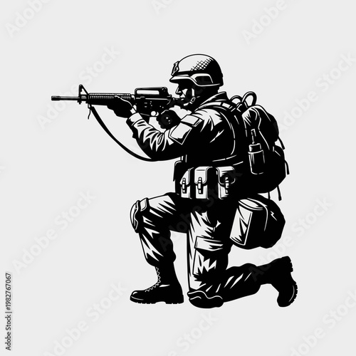 Soldier kneeling with rifle, tactical gear, military action, combat readiness