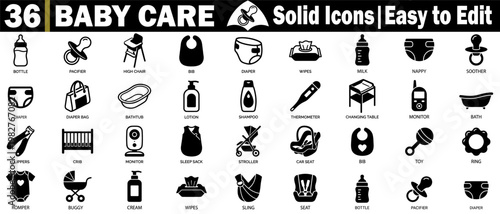 Solid black baby care icons for infant product catalog and parenting application featuring bold silhouette style for clear visibility and modern interface vector illustration.